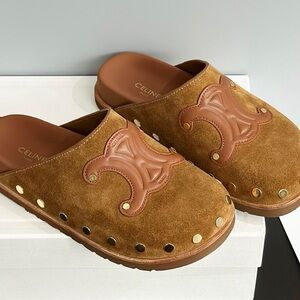 Celine Tan Suede Logo Studded Clogs